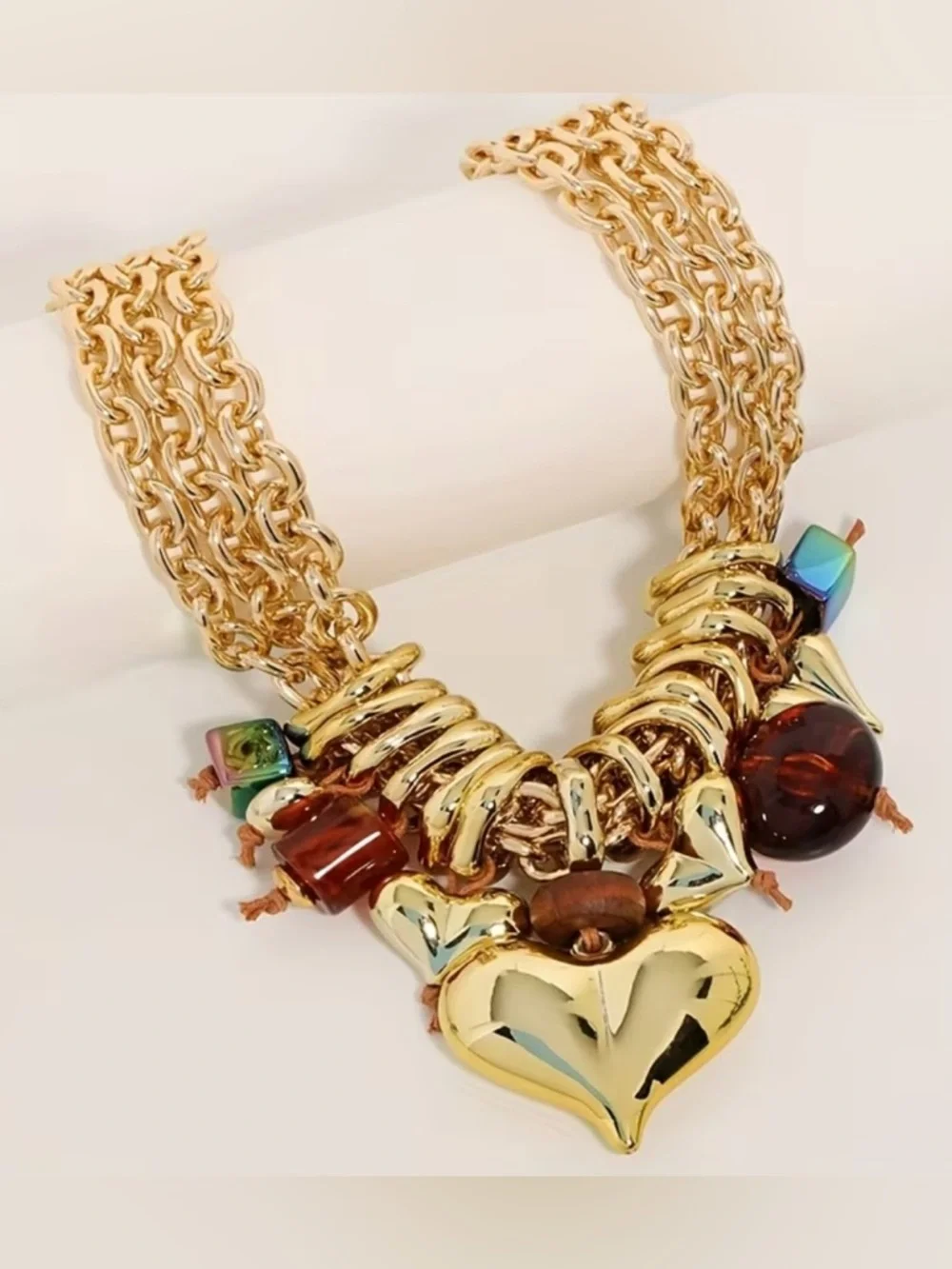 Gold Heart Charm Necklace with Green Stone Accents - Women Jewelry - Picture 2 of 4